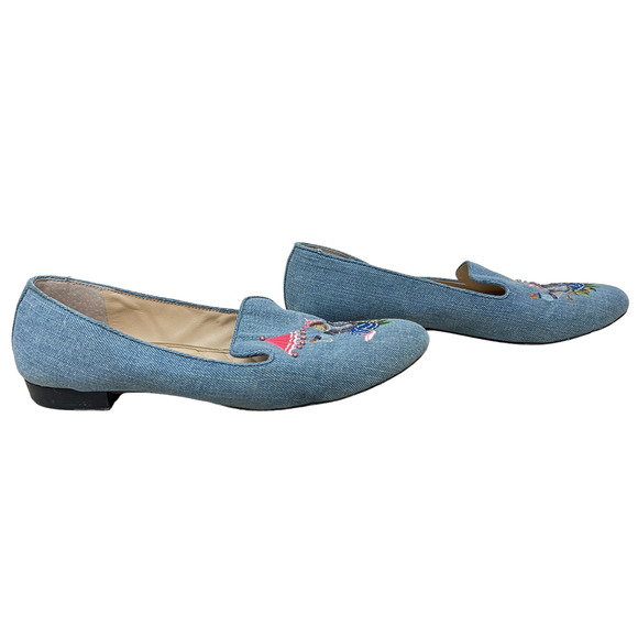 J McLaughlin Jax embroidered denim flats Monkey with umbrella size 8.5 - Picture 2 of 7
